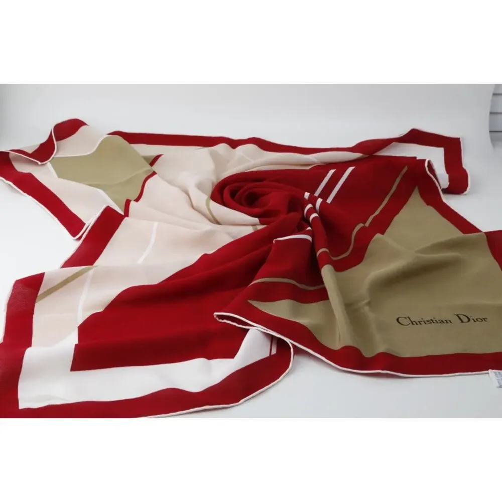 Vintage Christian Dior Silk Square Scarf Beige Tan Red Border White Stripe Logo